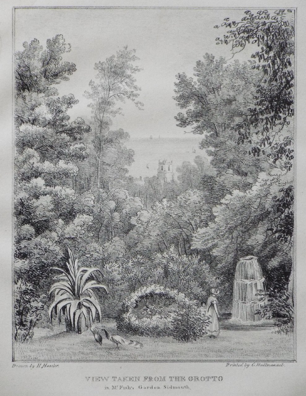Lithograph - View taken from the Grotto in Mr. Fish's Garden, Sidmouth. - Haseler